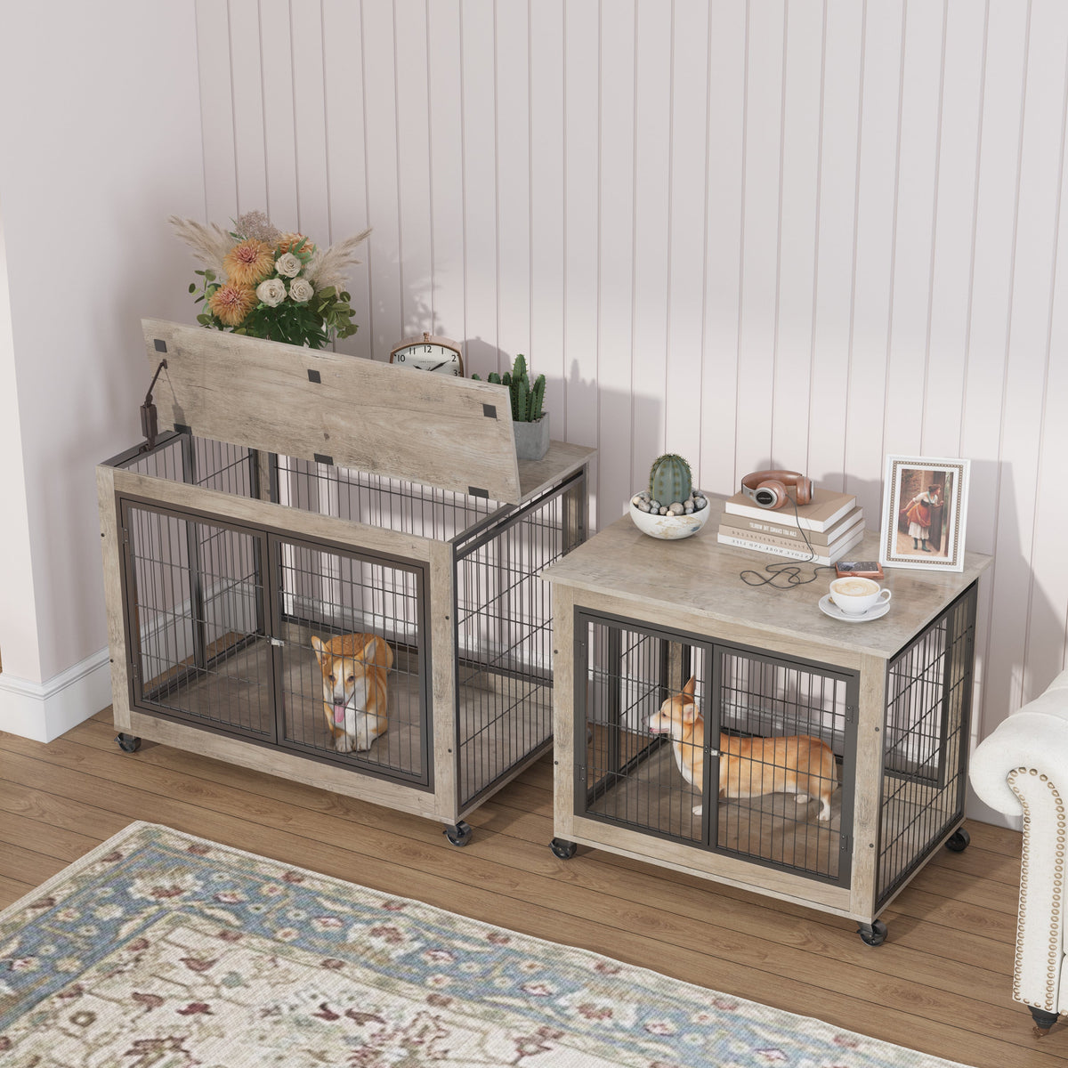 Furniture Style Dog Crate Side Table With Wheels