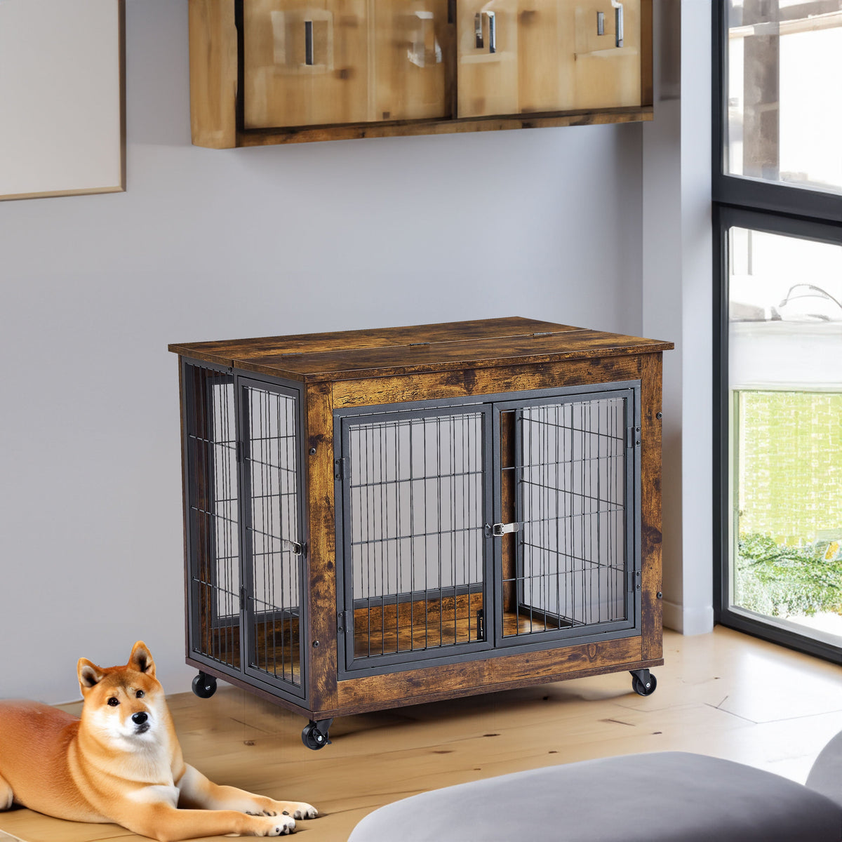 Rustic Furniture Style Dog Crate Side Table on Wheels