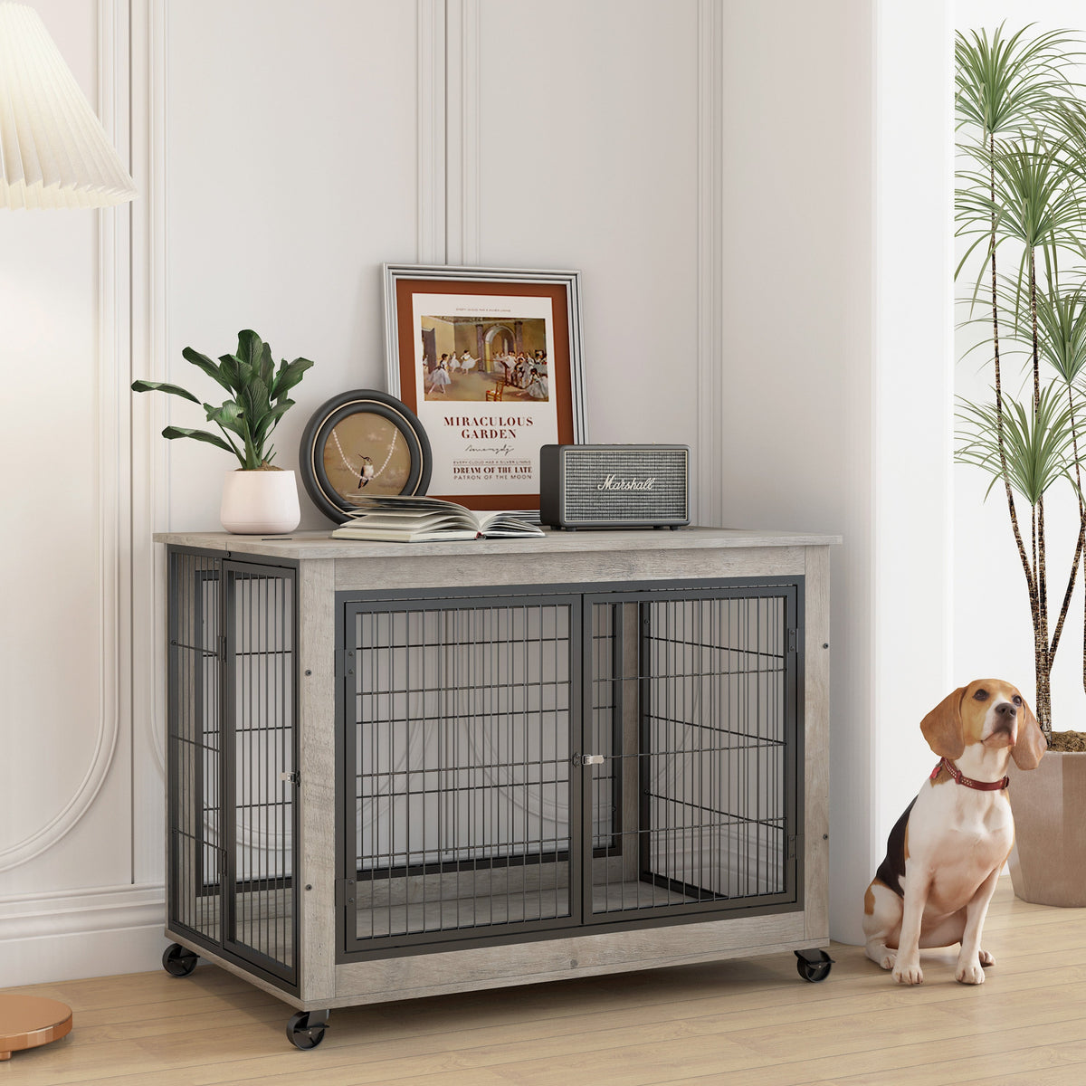 Furniture Style Dog Crate Side Table With Wheels
