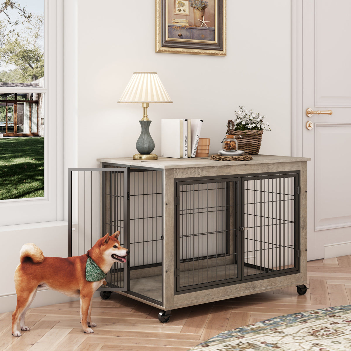 Furniture Style Dog Crate Side Table With Wheels