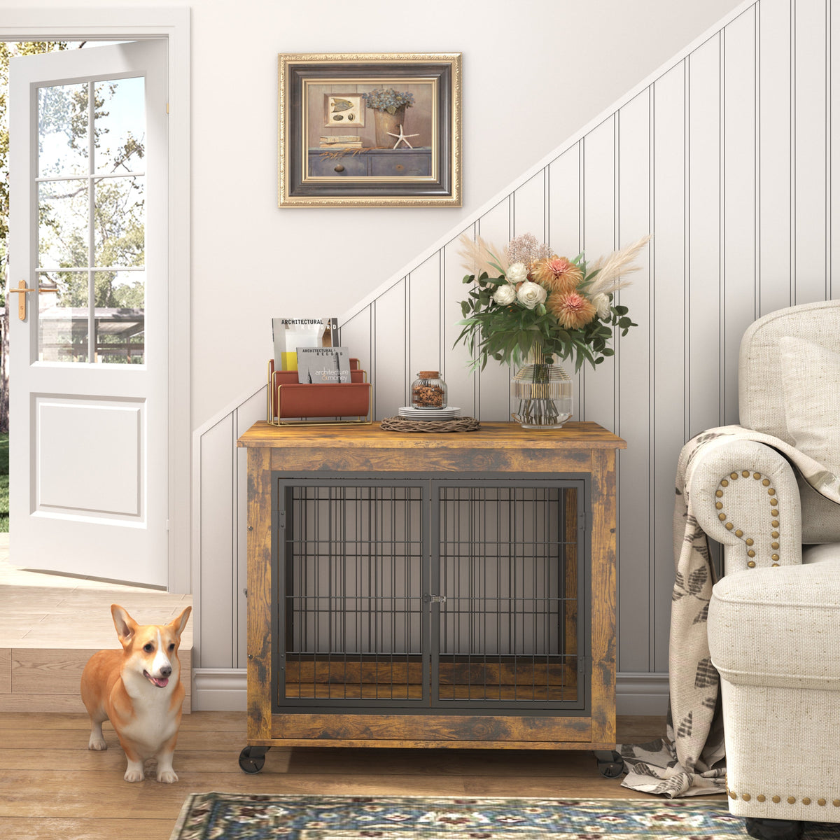Rustic Furniture Style Dog Crate Side Table on Wheels