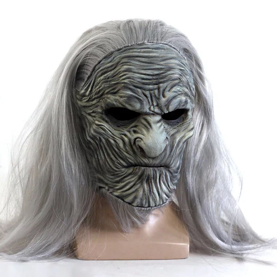 White Walker Cosplay Mask With Long Attached Gray Wig