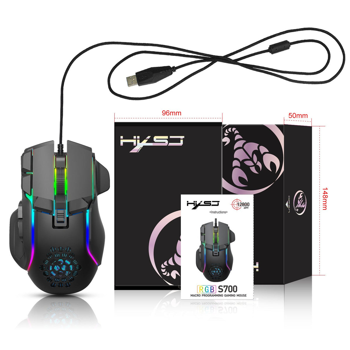 Programmable Gaming Mouse with 13 RGB Modes and 12800 DPI