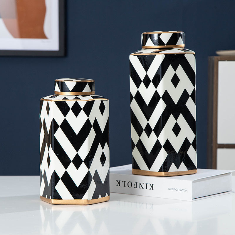 Black and White Geometric Ceramic Storage Jar with Lid