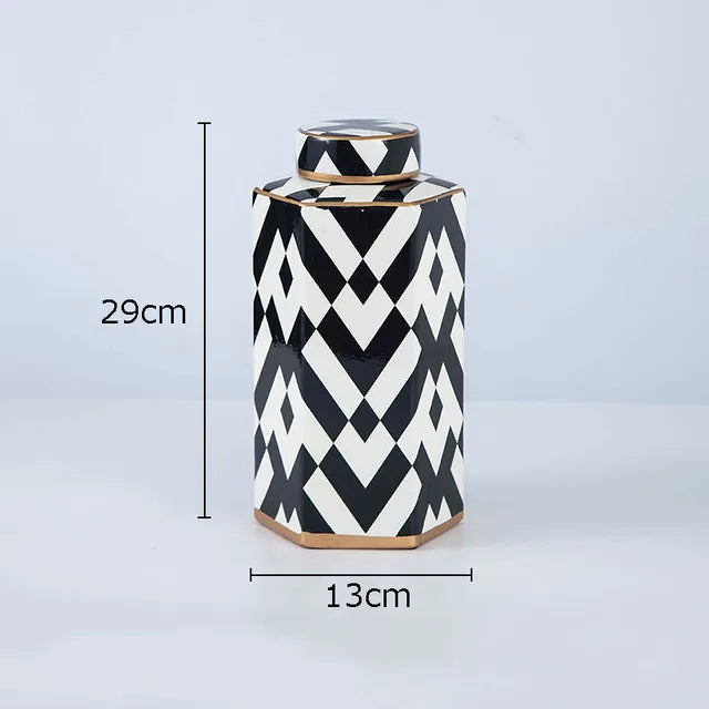 Black and White Geometric Ceramic Storage Jar with Lid