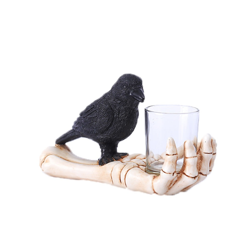 Gothic Crow Candle Holder with Skeletal Hands Decor