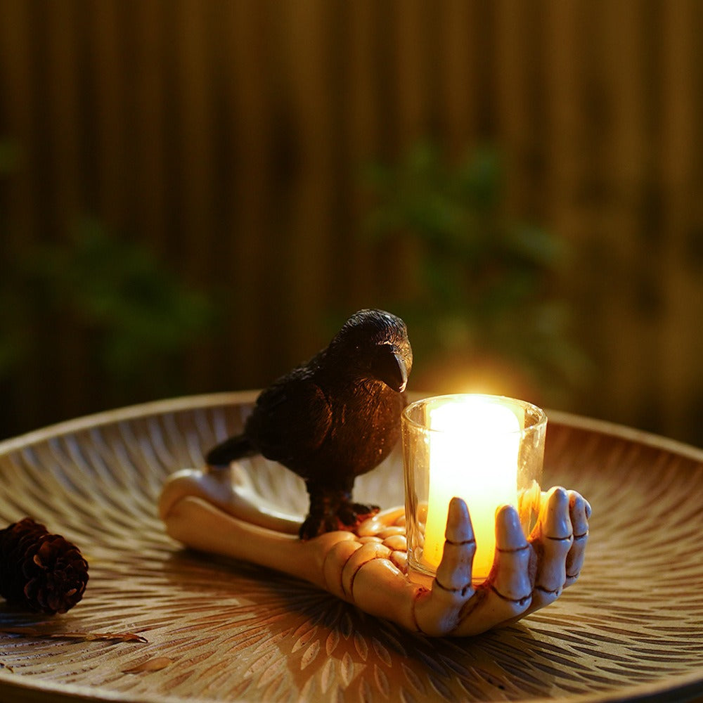 Gothic Crow Candle Holder with Skeletal Hands Decor
