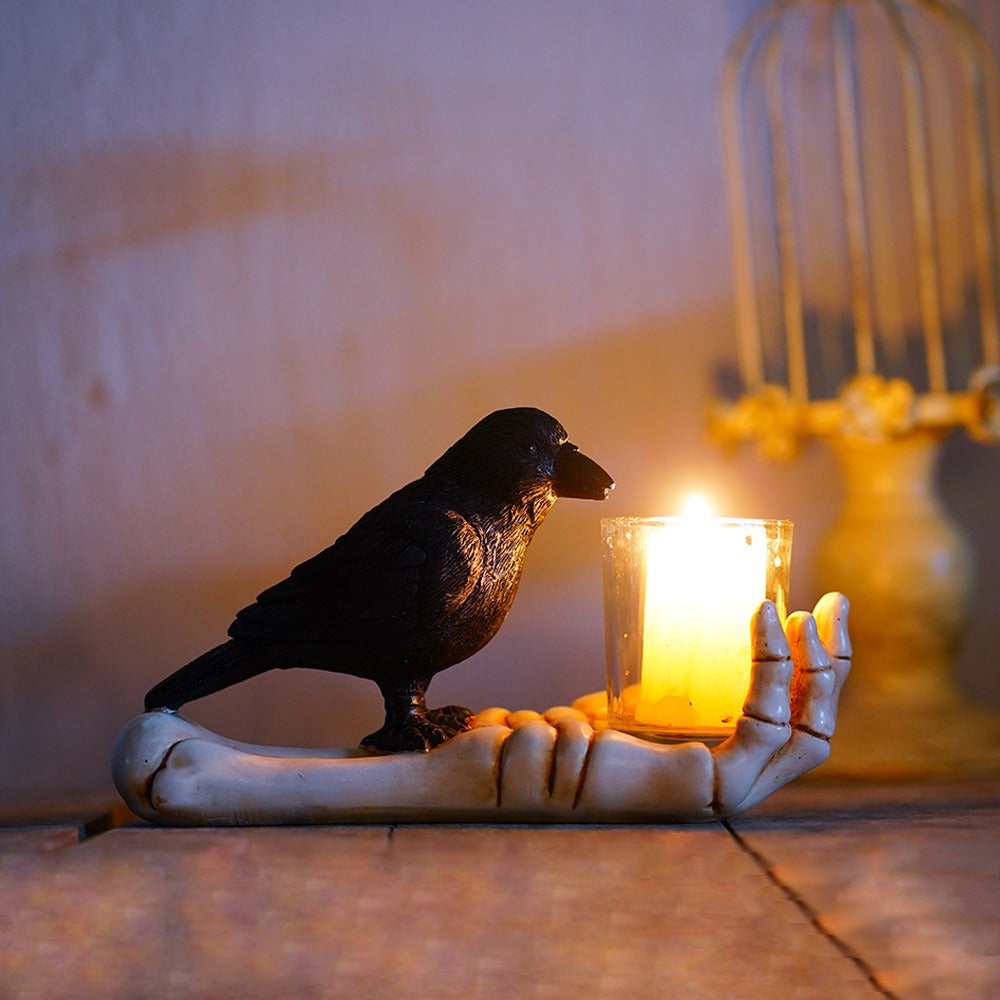 Gothic Crow Candle Holder with Skeletal Hands Decor