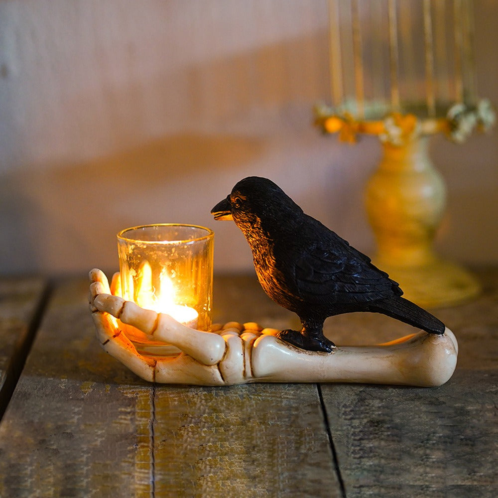Gothic Crow Candle Holder with Skeletal Hands Decor