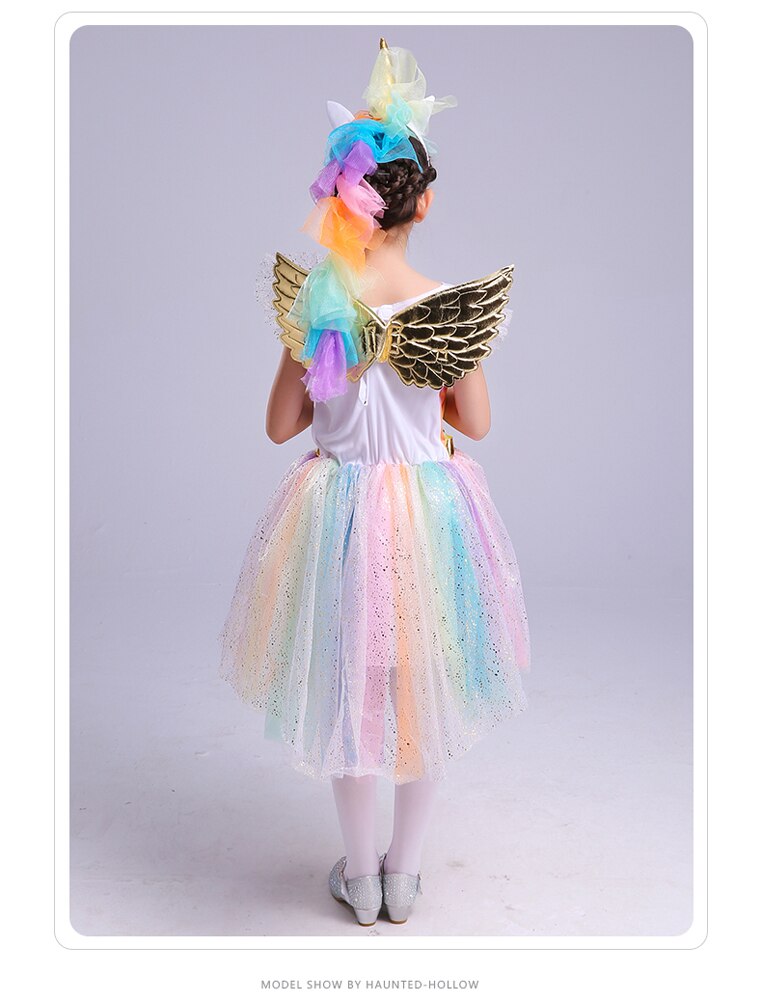 Girls' Rainbow Unicorn Costume Dress with Wings Set