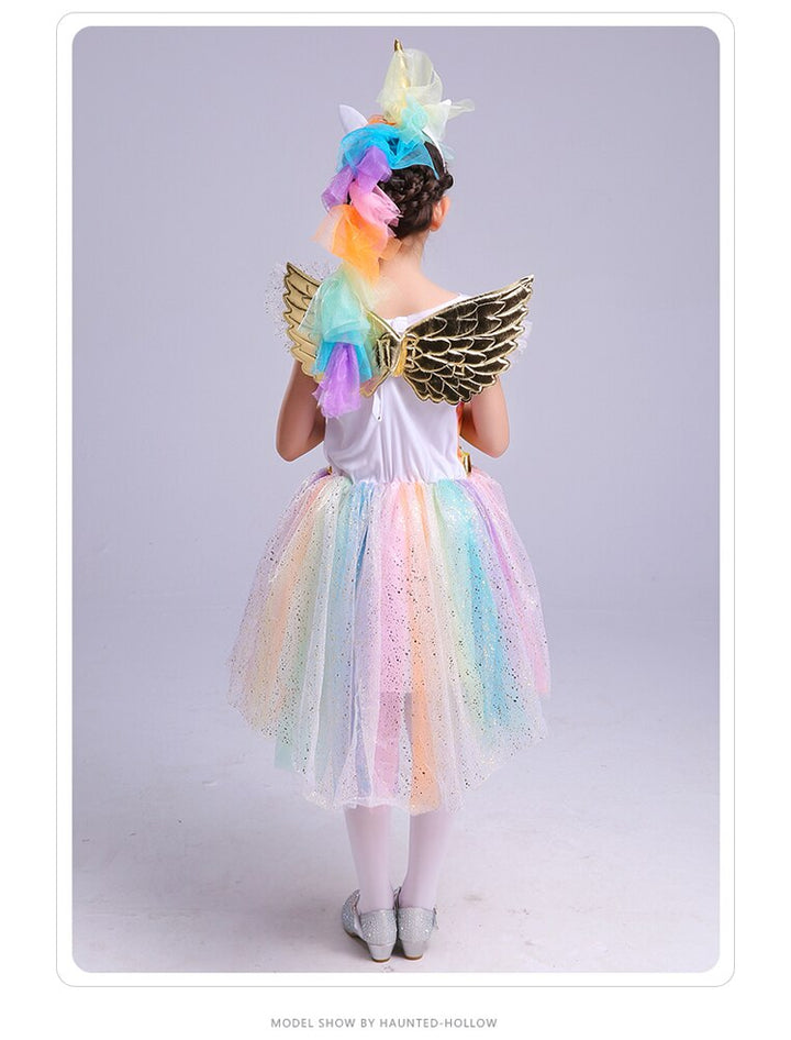 Girls' Rainbow Unicorn Costume Dress with Wings Set