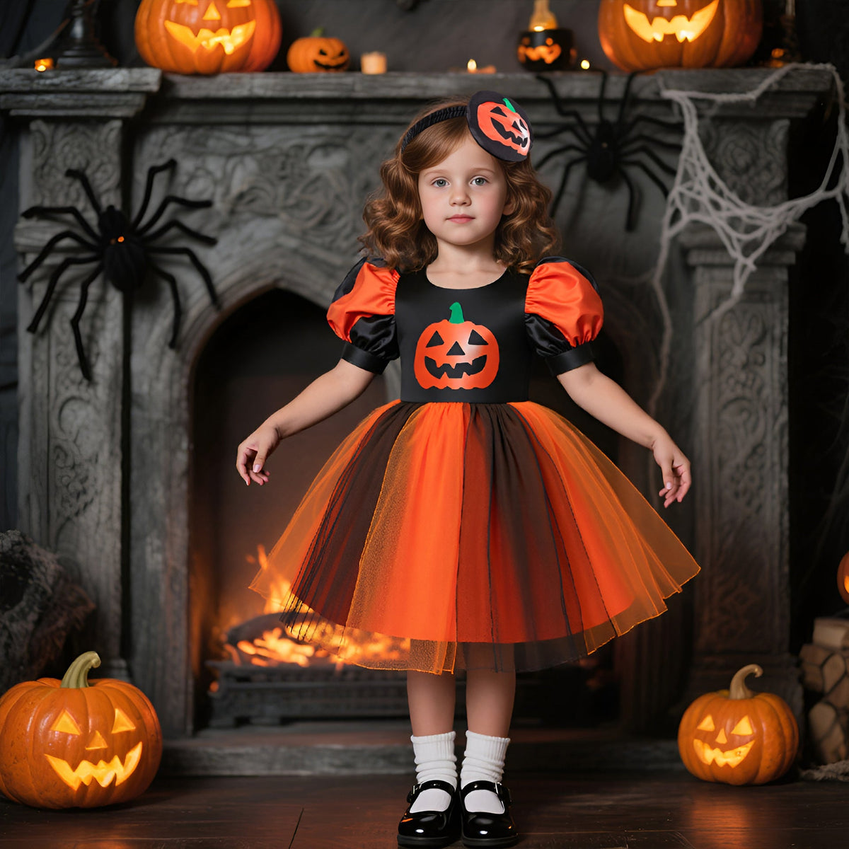 Girls' Halloween Pumpkin Costume Dress With Headband