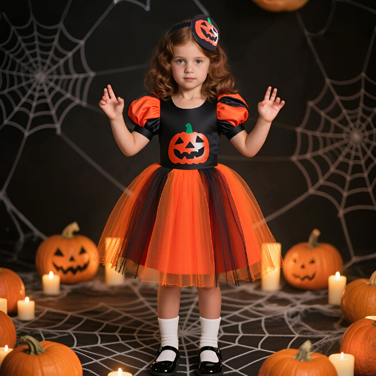 Girls' Halloween Pumpkin Costume Dress With Headband