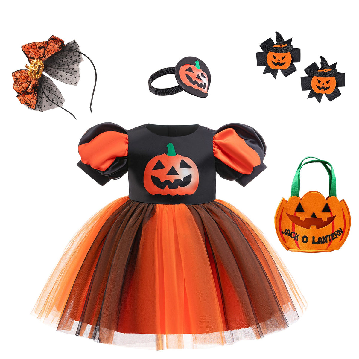 Girls' Halloween Pumpkin Costume Dress With Headband
