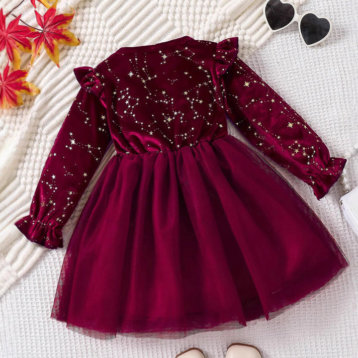 Girls' Velvet Princess Dress With Star Print Party Wear