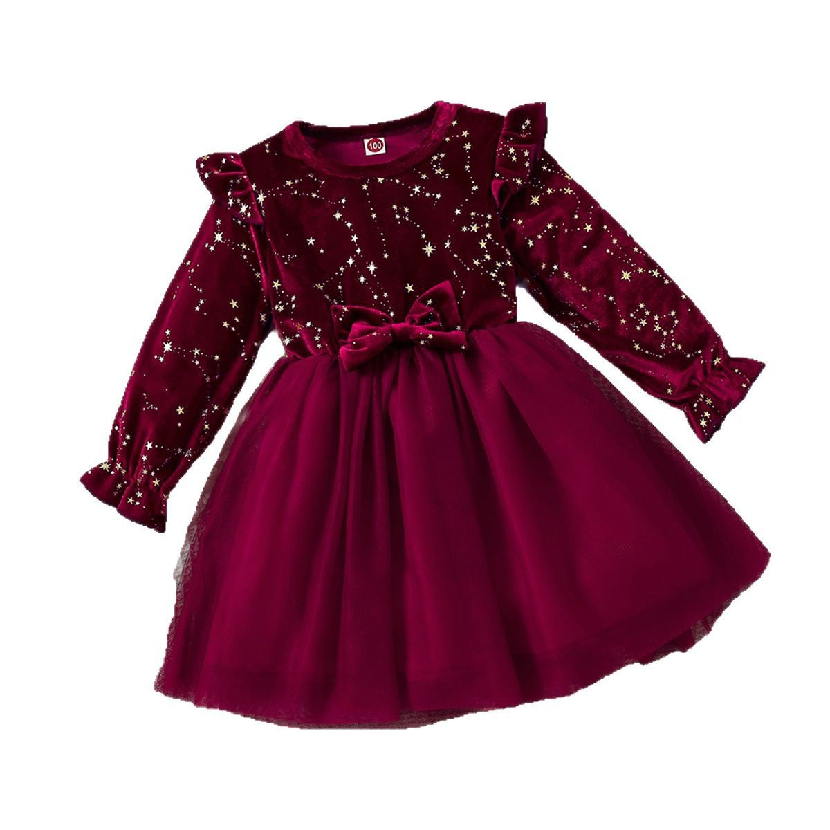 Girls' Velvet Princess Dress With Star Print Party Wear