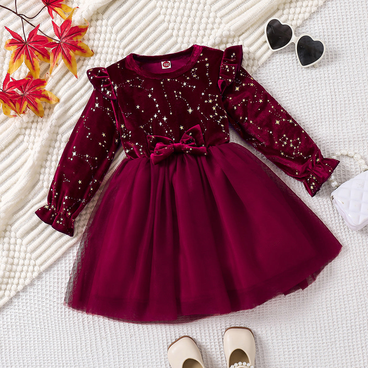 Girls' Velvet Princess Dress With Star Print Party Wear