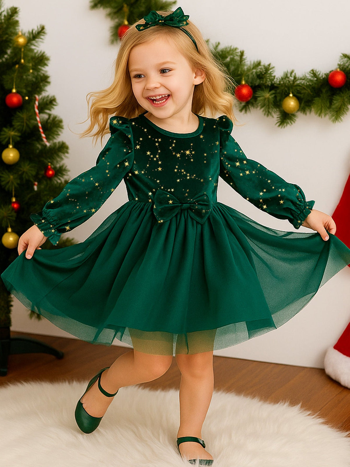 Girls' Velvet Princess Dress With Star Print Party Wear
