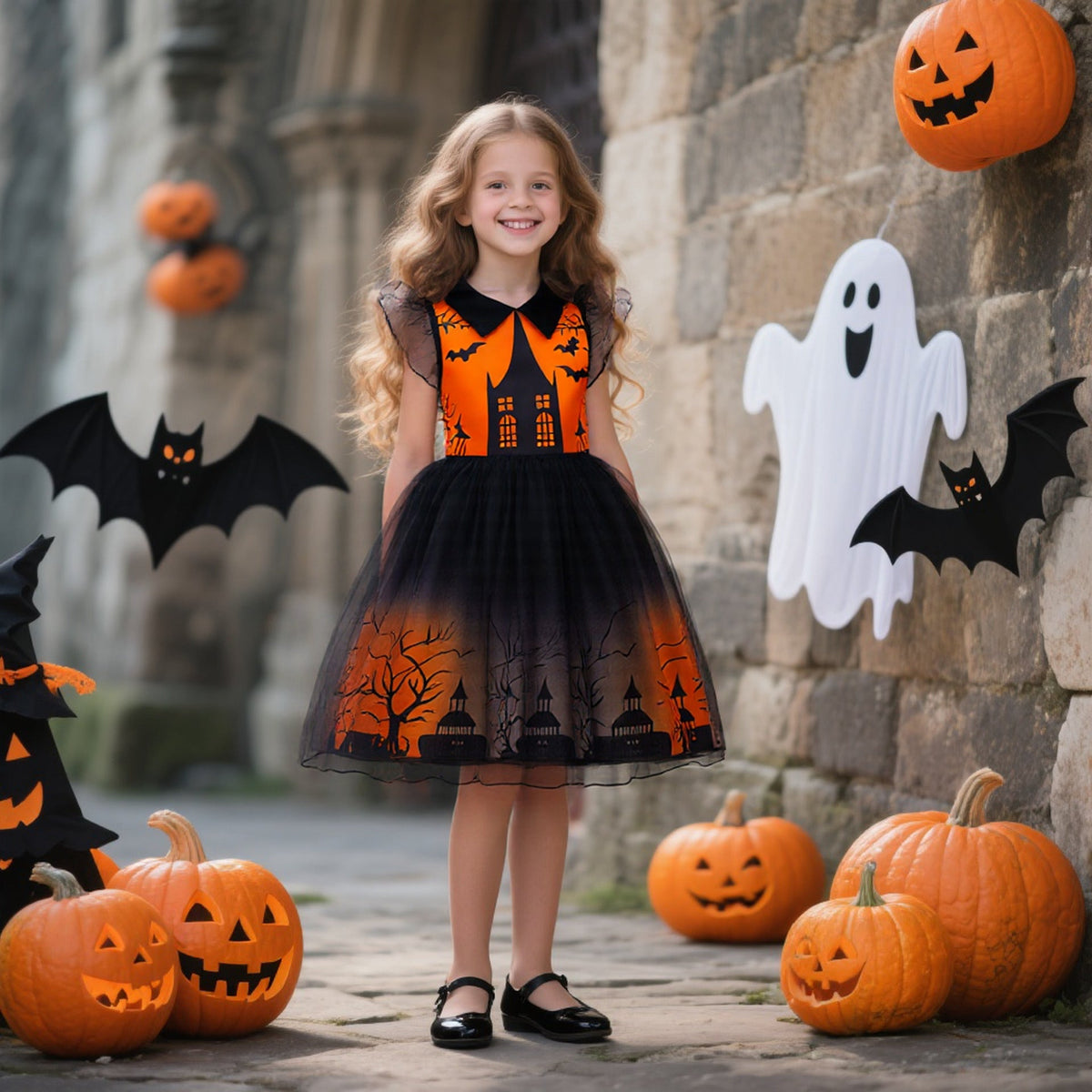 Girls' Halloween Cosplay Dress – Spooky Tulle Costume