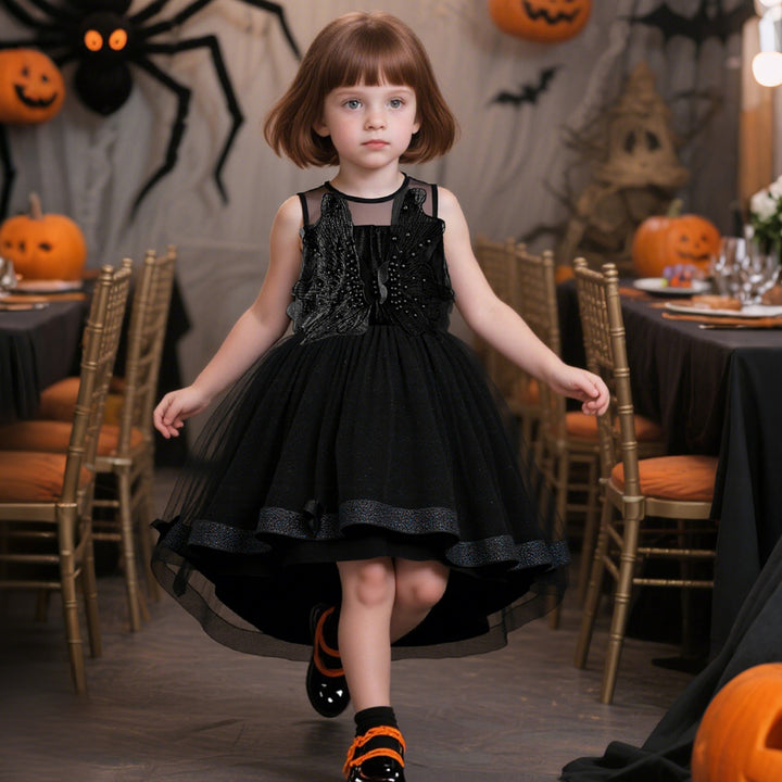 Girls' Princess Dress with Beaded Tulle Train, Black