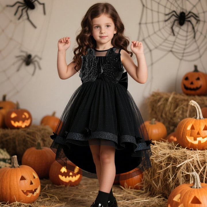 Girls' Princess Dress with Beaded Tulle Train, Black