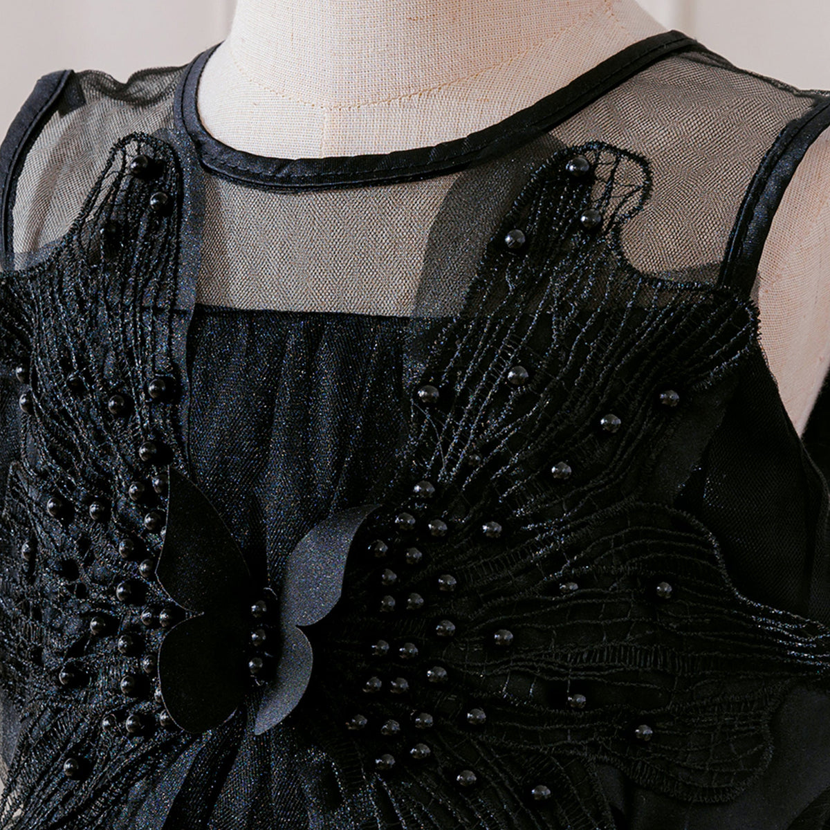 Girls' Princess Dress with Beaded Tulle Train, Black