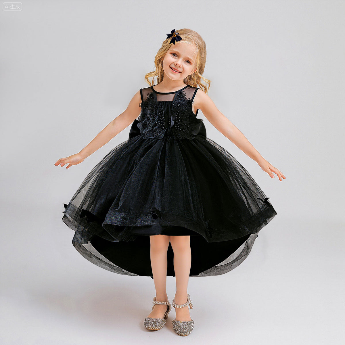 Girls' Princess Dress with Beaded Tulle Train, Black