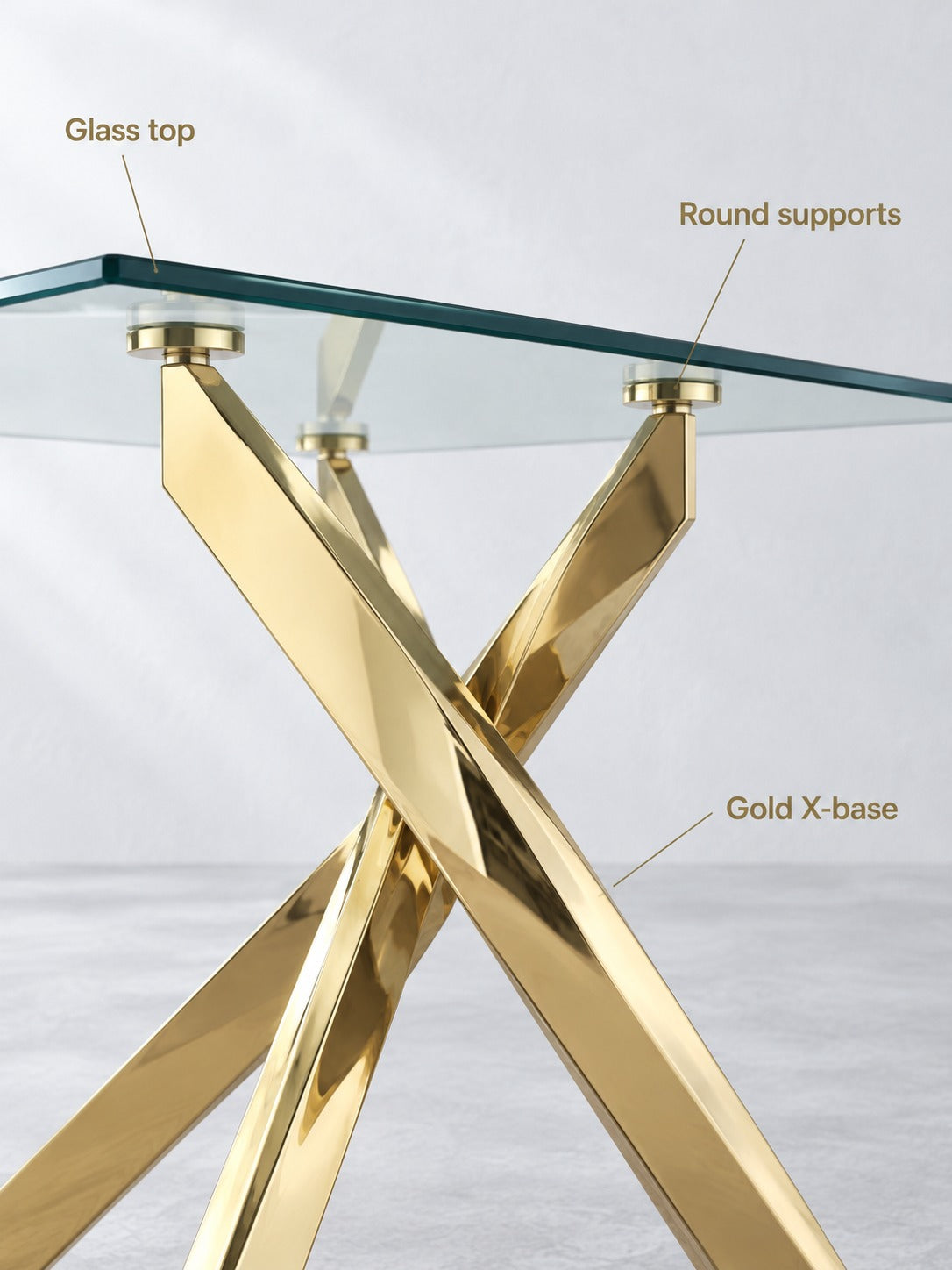Glass Dining Table with Gold X-Base for Small Rooms