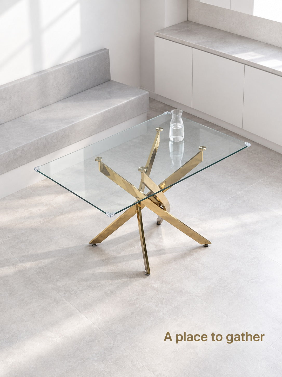 Glass Dining Table with Gold X-Base for Small Rooms