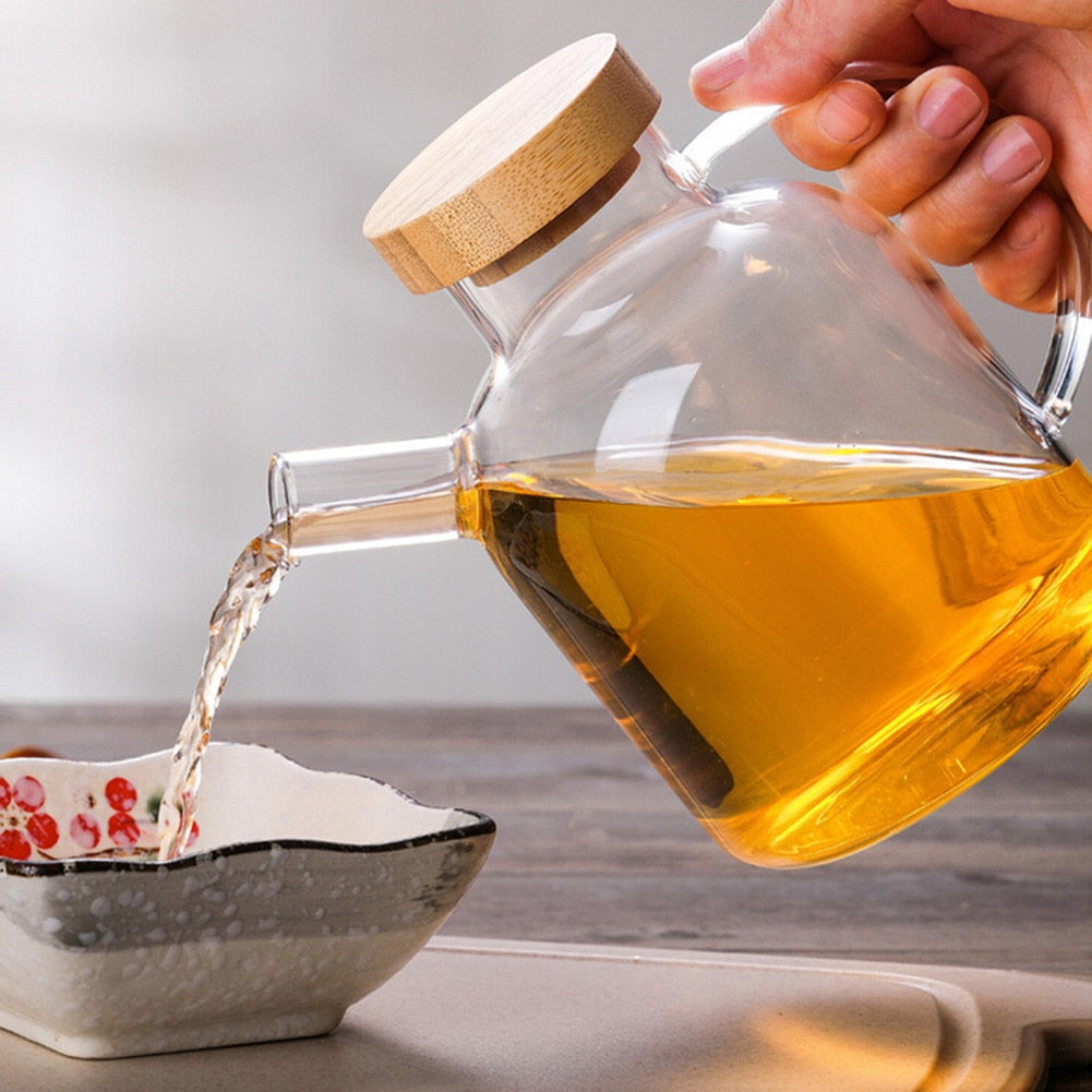 Glass Oil Dispenser Bottle with Bamboo Lid, 650ml Drip-Free