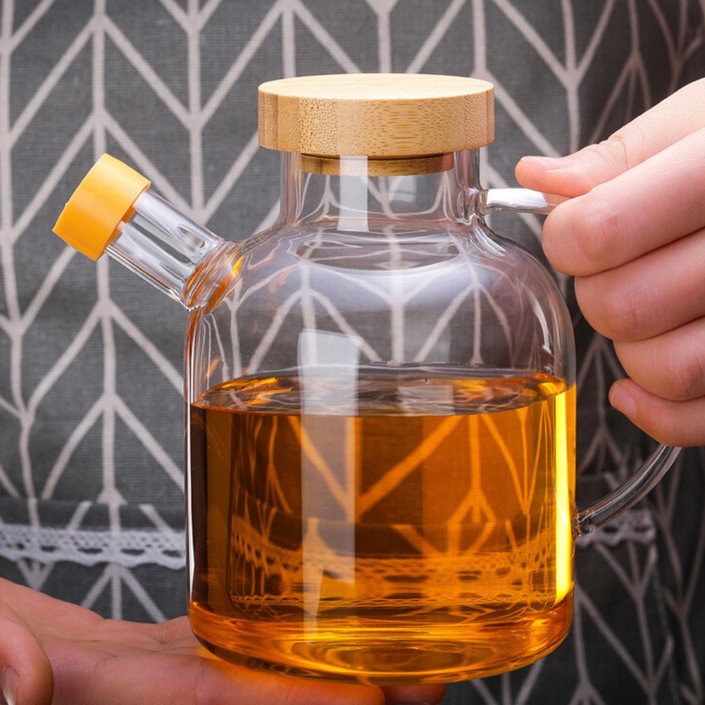 Glass Oil Dispenser Bottle with Bamboo Lid, 650ml Drip-Free