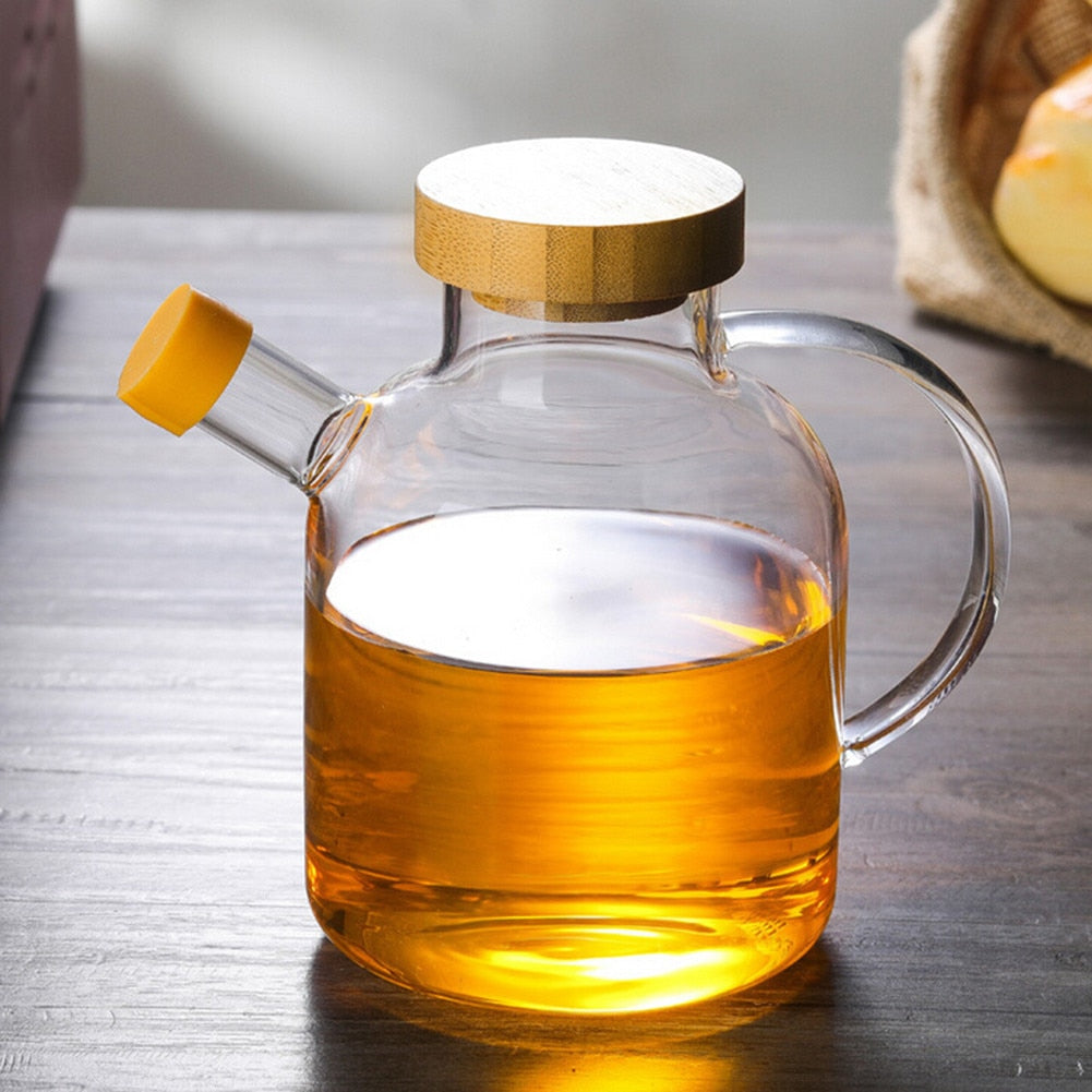 Glass Oil Dispenser Bottle with Bamboo Lid, 650ml Drip-Free