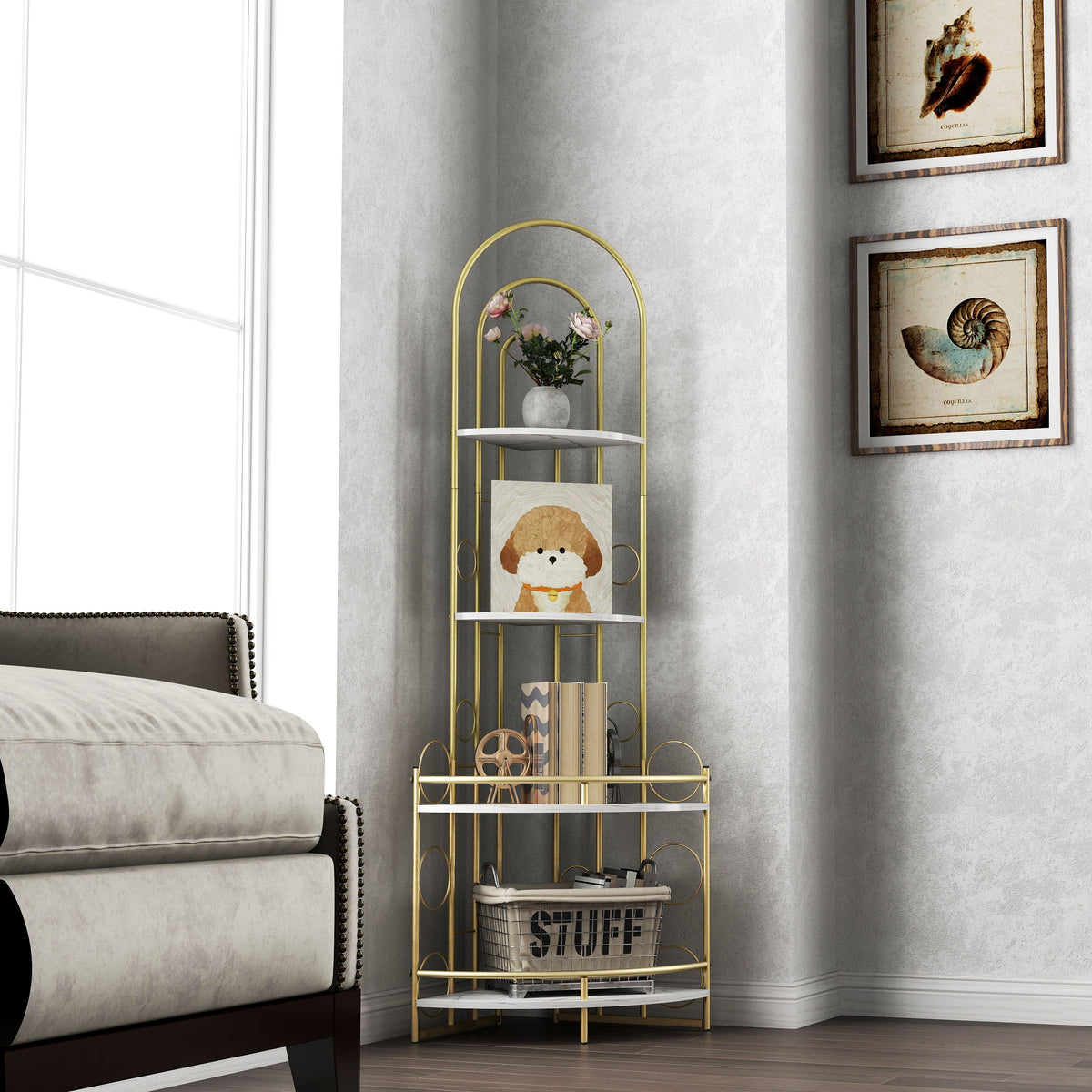 Modern Gold Arched Corner Bookshelf with Plant Stand