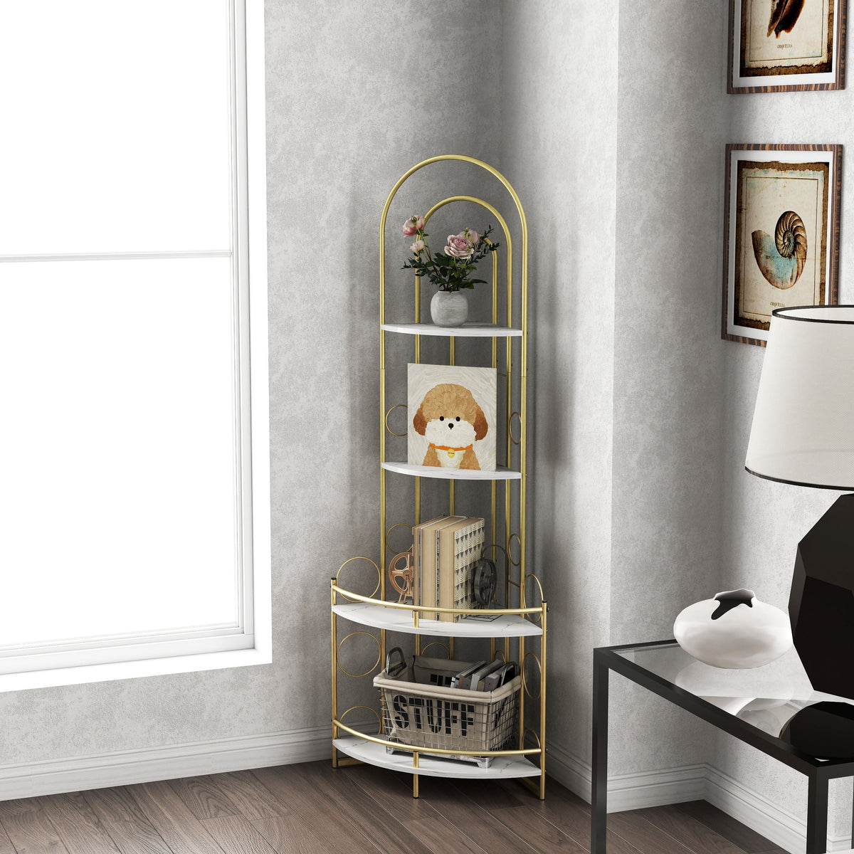 Modern Gold Arched Corner Bookshelf with Plant Stand