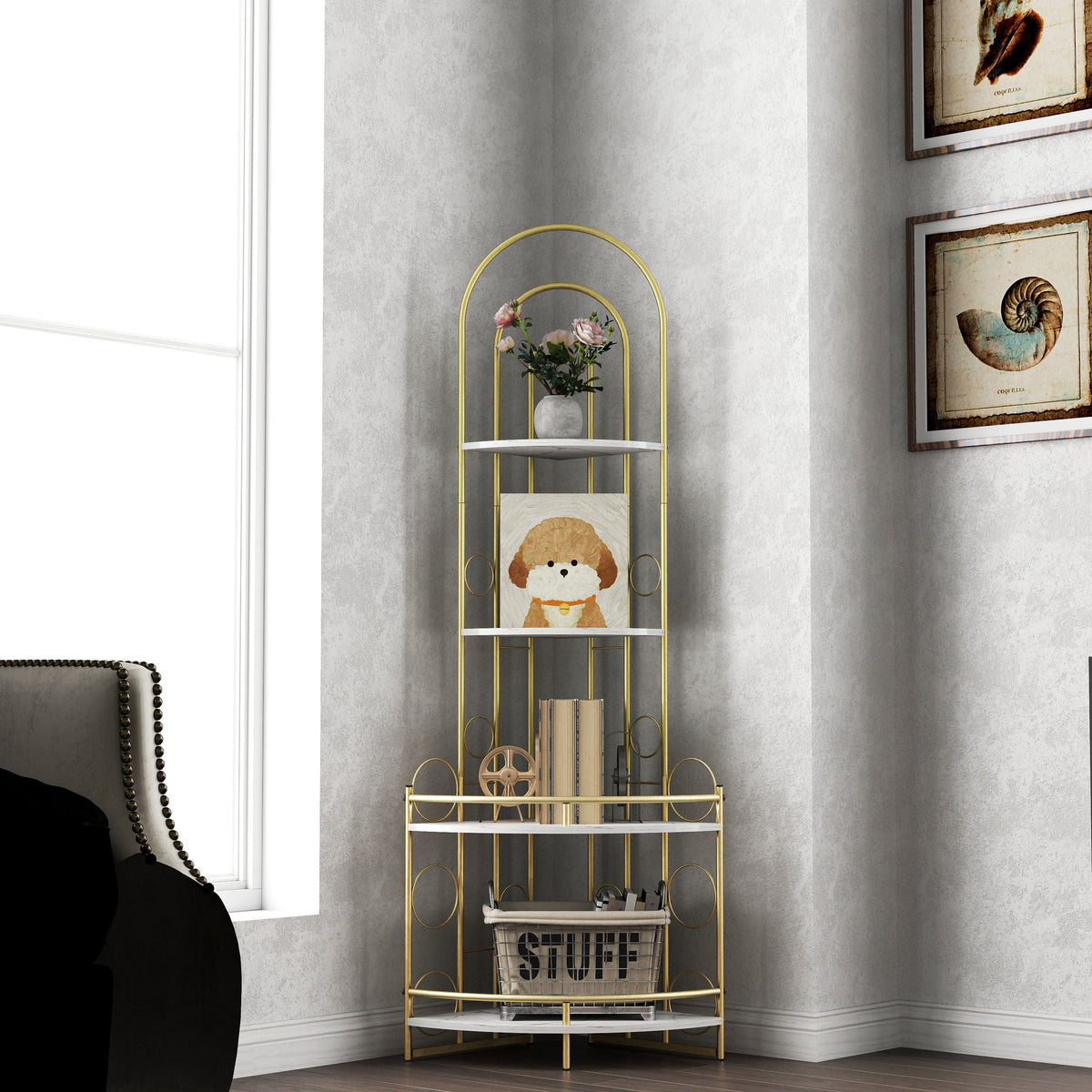 Modern Gold Arched Corner Bookshelf with Plant Stand