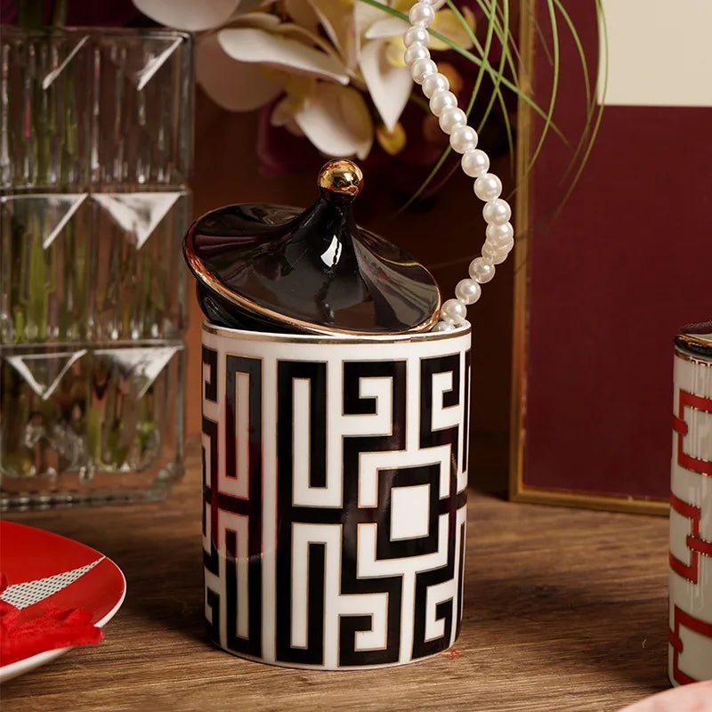 Gold Trim Ceramic Candle Jar with Lid and Storage