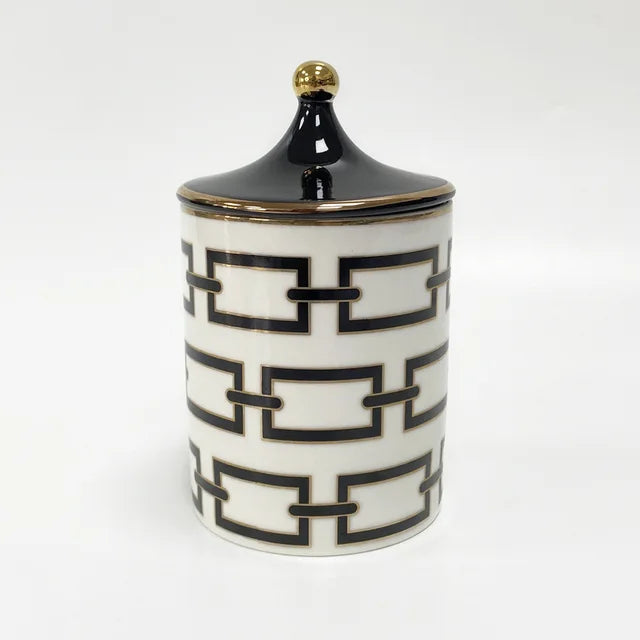 Gold Trim Ceramic Candle Jar with Lid and Storage