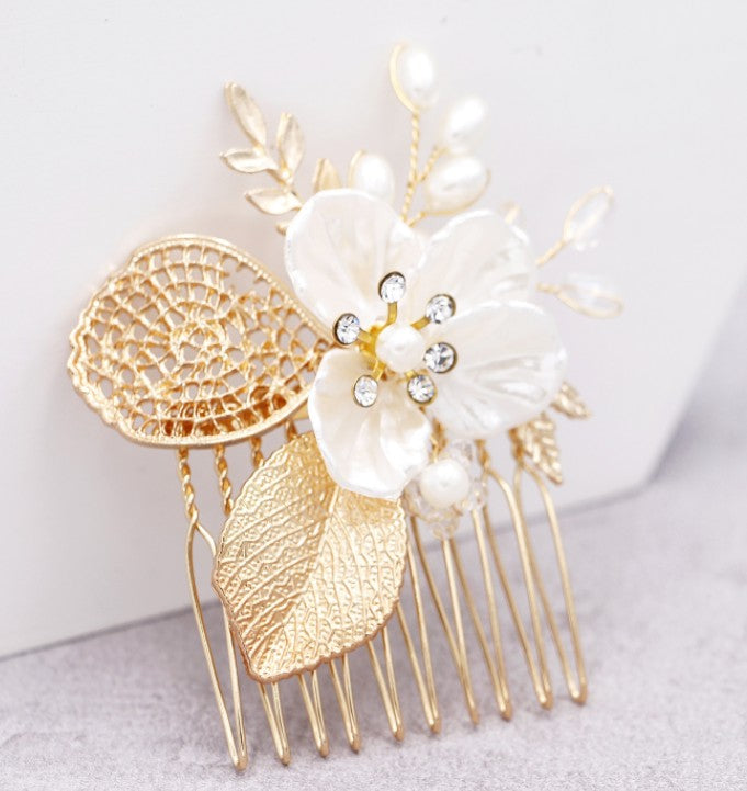 Gold Leaf Bridal Hair Comb with Pearls and Crystals