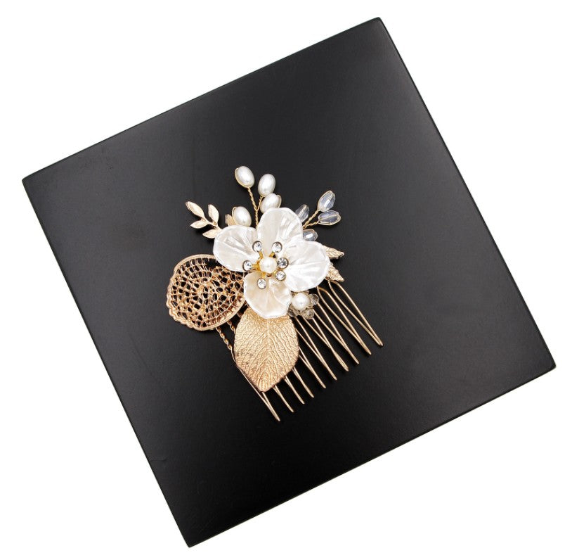 Gold Leaf Bridal Hair Comb with Pearls and Crystals