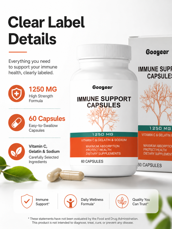 Googeer Immune Support Capsules — 1250 mg Vitamin C & Gelatin