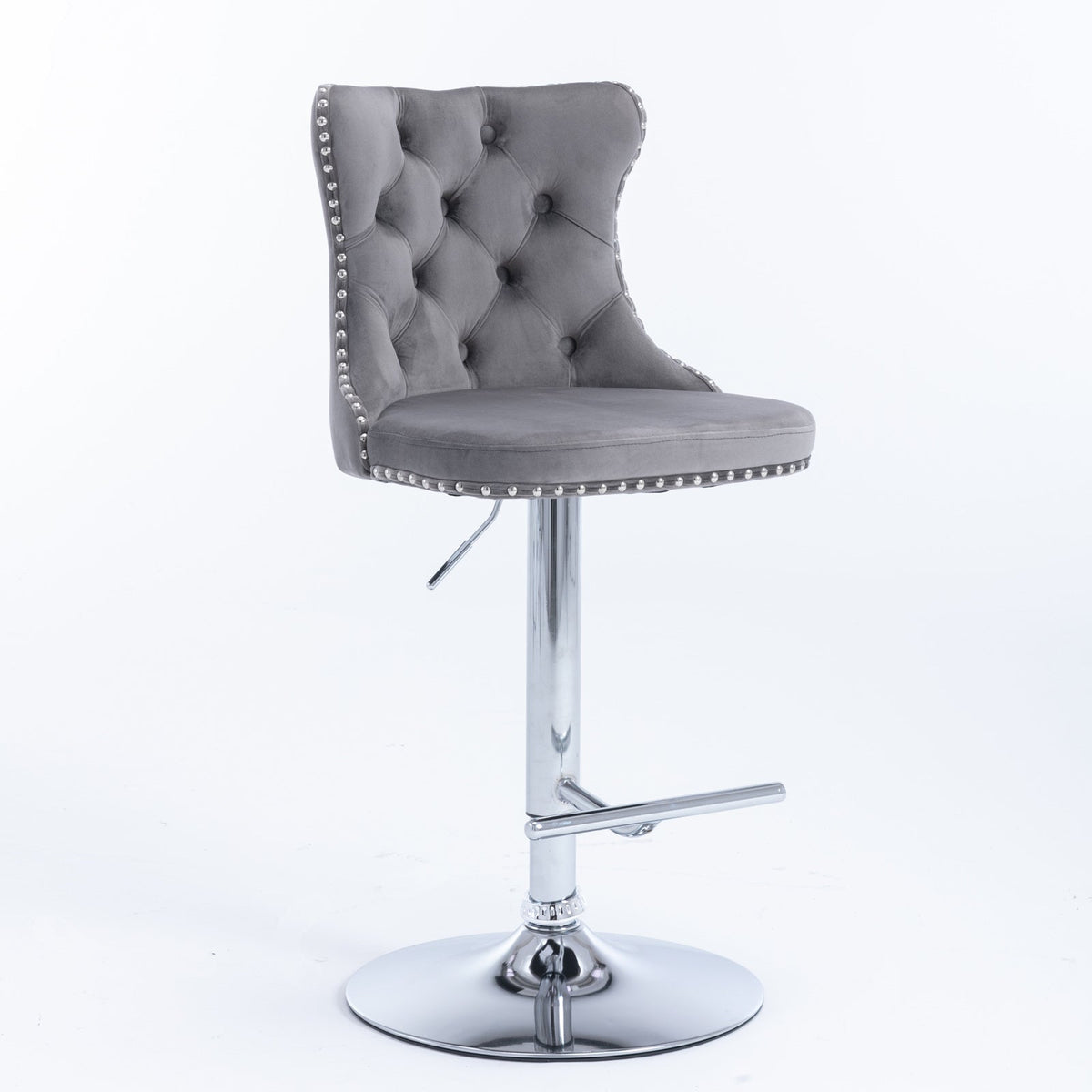 Tufted Gray Velvet Bar Stools With Chrome Base