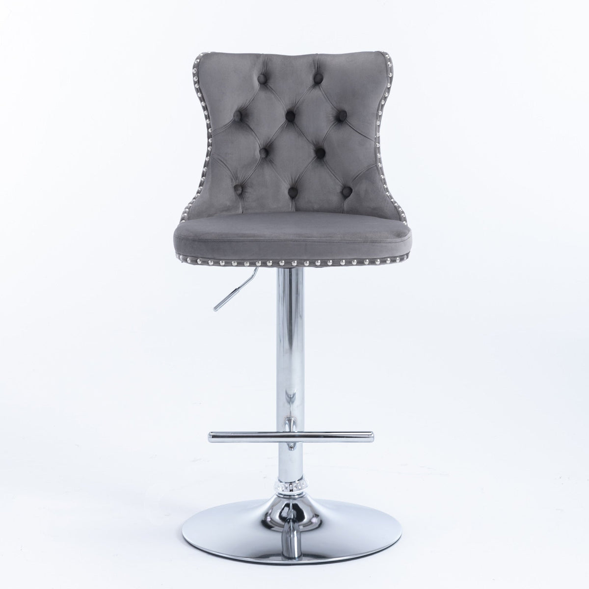 Tufted Gray Velvet Bar Stools With Chrome Base