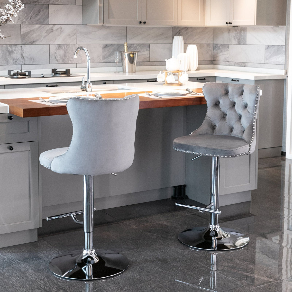 Tufted Gray Velvet Bar Stools With Chrome Base