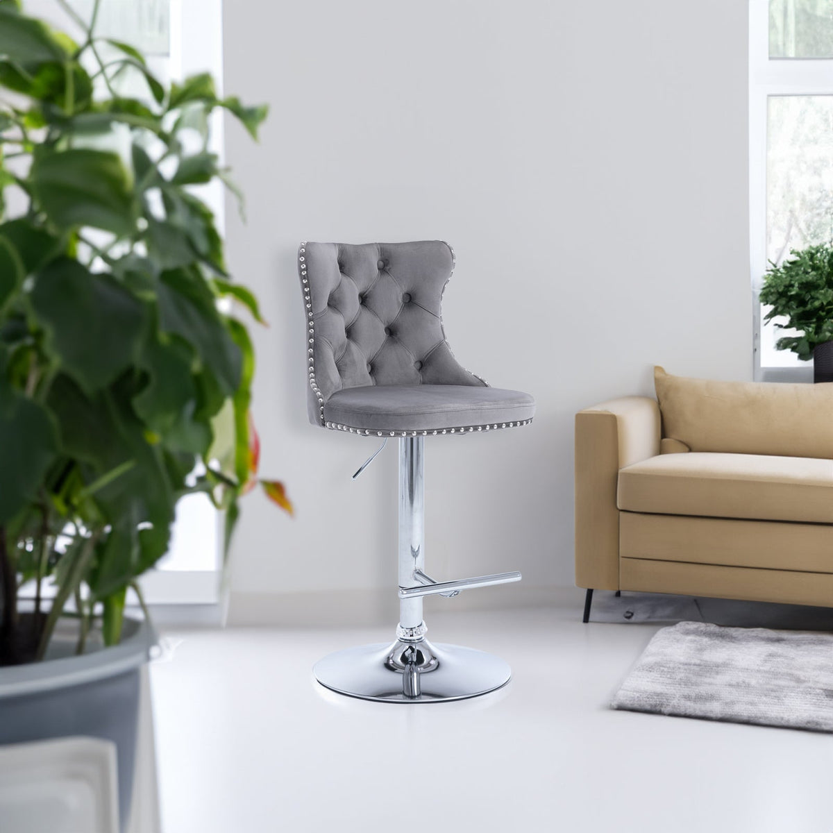 Tufted Gray Velvet Bar Stools With Chrome Base