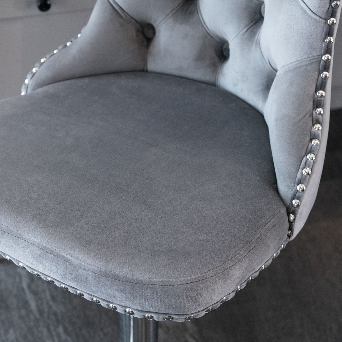 Tufted Gray Velvet Bar Stools With Chrome Base