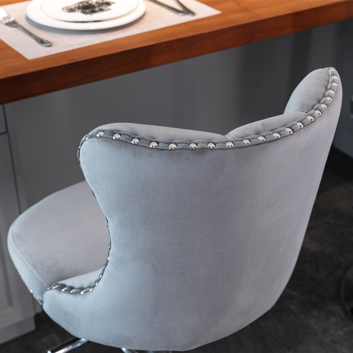 Tufted Gray Velvet Bar Stools With Chrome Base