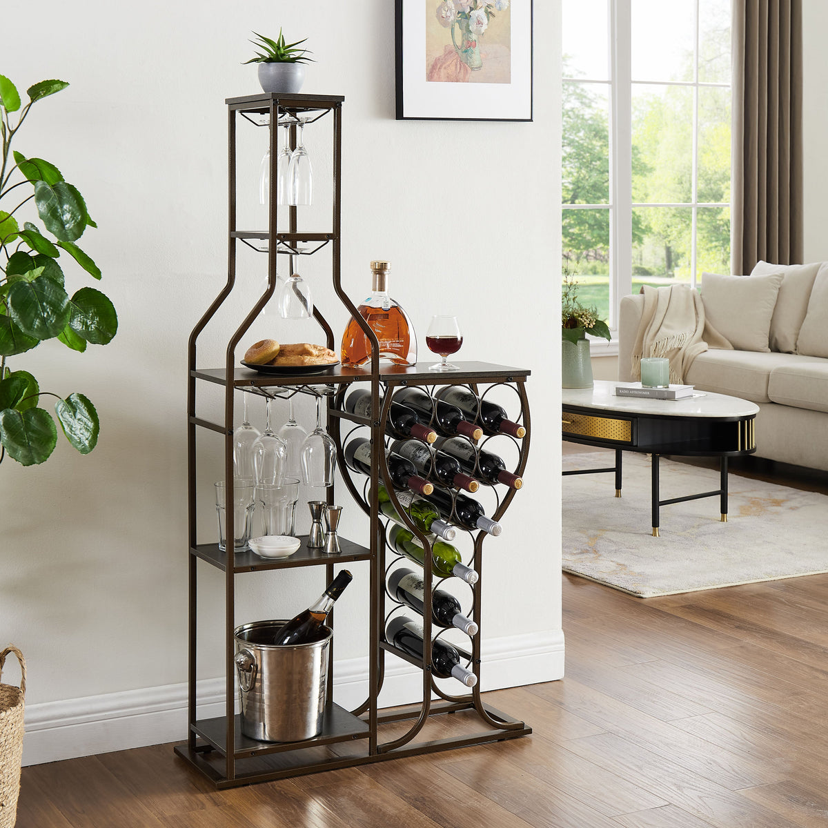 Freestanding Wine Rack with Glass Holder, 11 Bottles