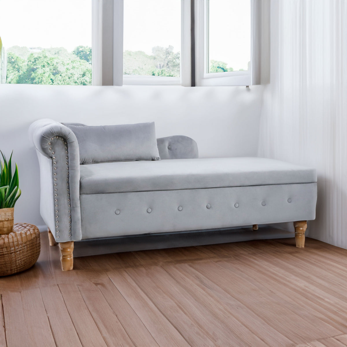 Grey Velvet Chaise Lounge with Storage for Bedroom