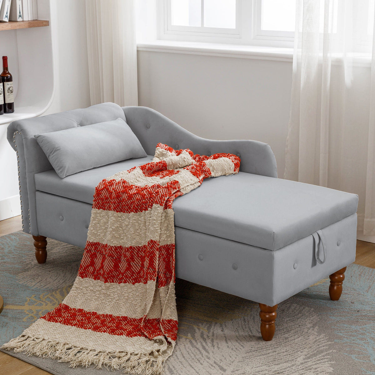 Grey Velvet Chaise Lounge with Storage for Bedroom