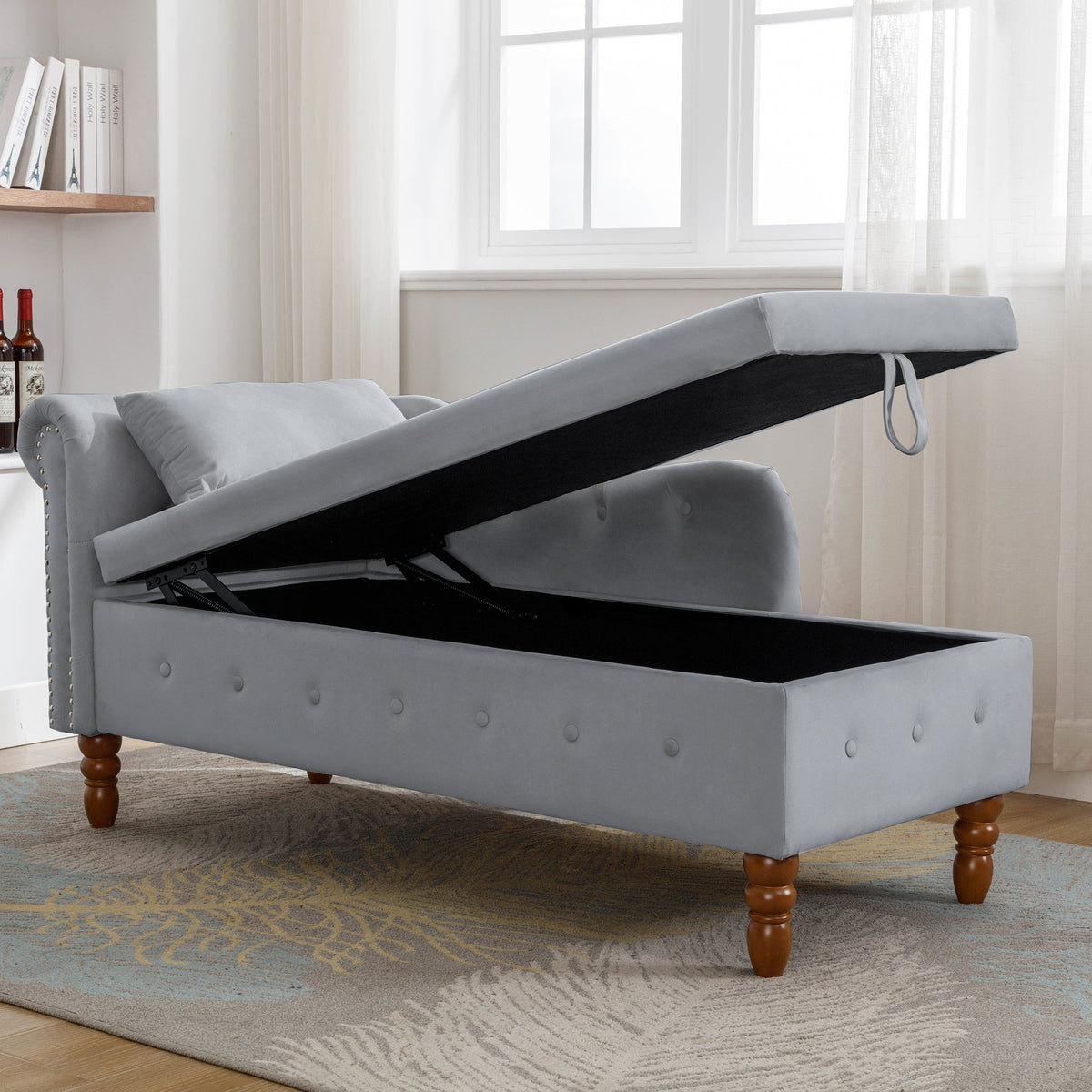Grey Velvet Chaise Lounge with Storage for Bedroom
